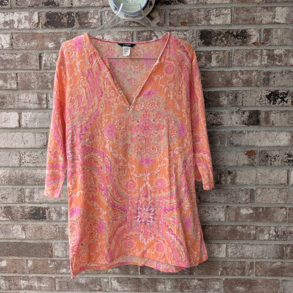 J CREW Women's Paisley V-Neck Top - Orange and Pink